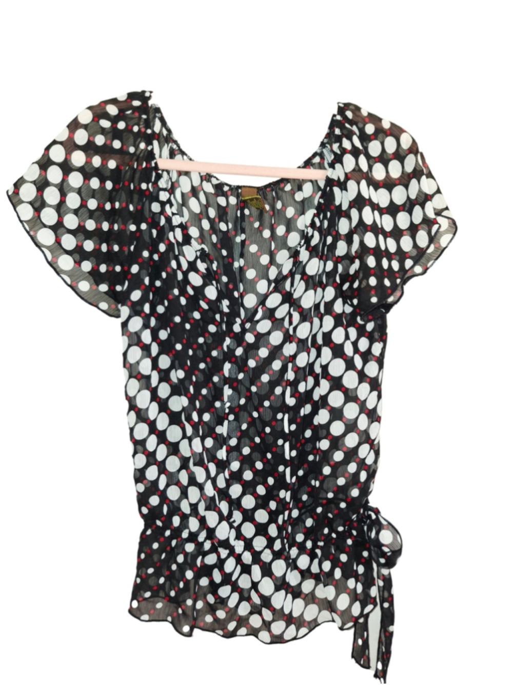 Vintage sheer Copper Key Polka Dot Blouse, Size L, Black and White office core